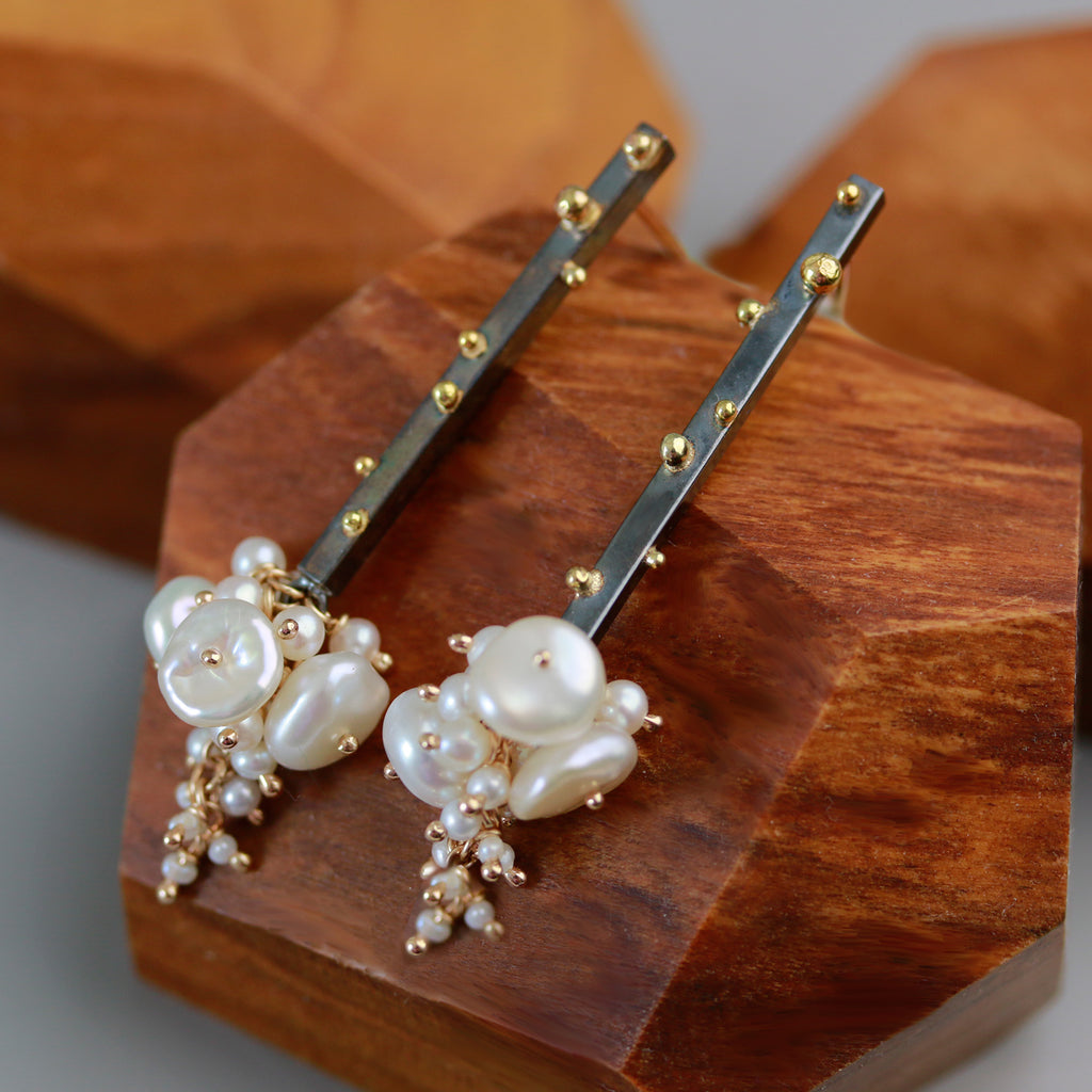 Gold Dotted Sticks with Pearl Clusters, Short - Wendy Stauffer of Fuss Jewelry