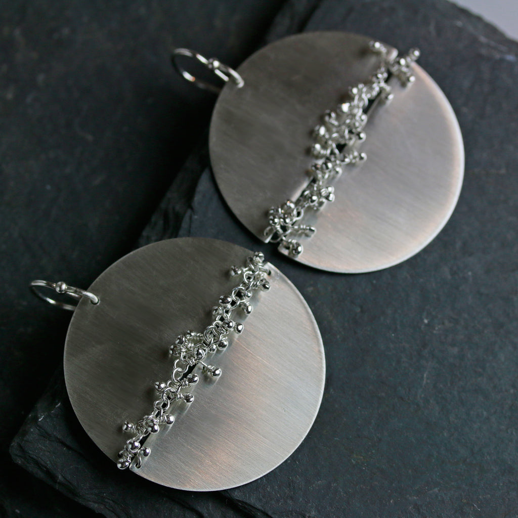 Brushed Silver Circle with Sprout Seam Earrings, 1 1/2" - Wendy Stauffer of Fuss Jewelry
