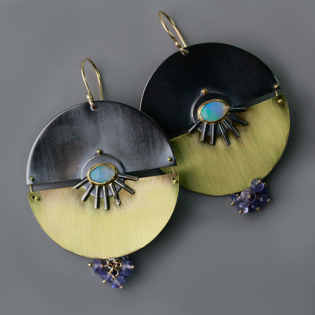 Australian Opal Split Disc Earrings with Tanzanite Clusters - Wendy Stauffer of Fuss Jewelry