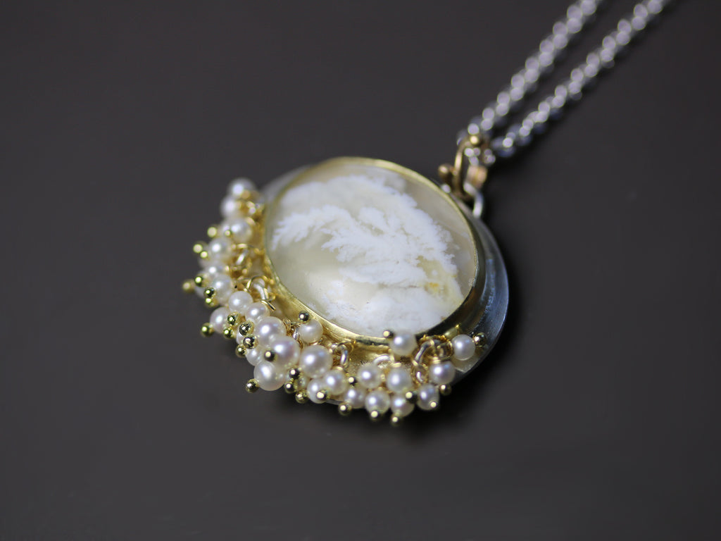 White Plume Agate Necklace. 18k Gold and Silver with Pearl Fringe. - Wendy Stauffer of Fuss Jewelry