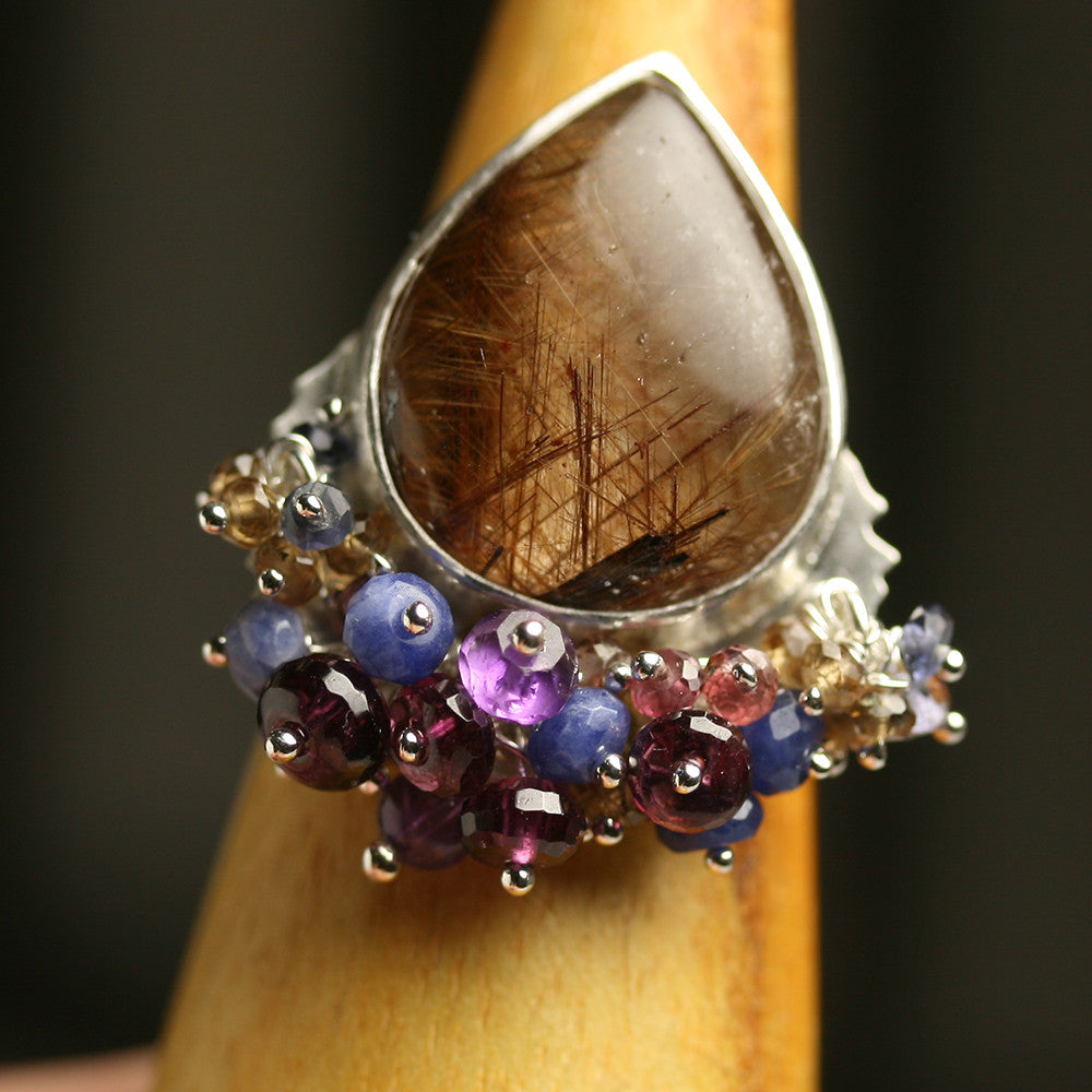 SOLD Brown Rutile with Blue Sapphire and Garnet Fringe - Wendy Stauffer of Fuss Jewelry