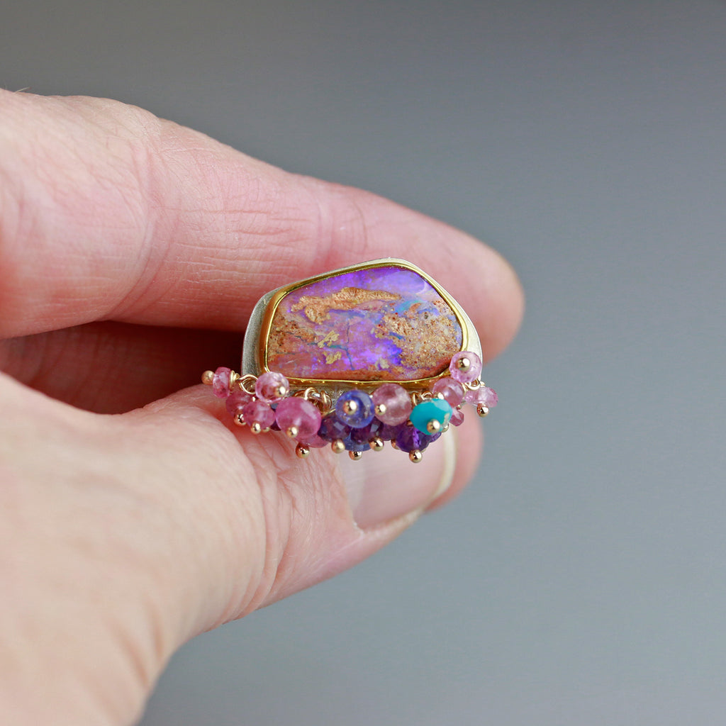 SOLD  Boulder Opal Ring with Fringe. Pink Sapphire, Amethyst, Tanzanite and Turquoise. Size 8. - Wendy Stauffer of Fuss Jewelry