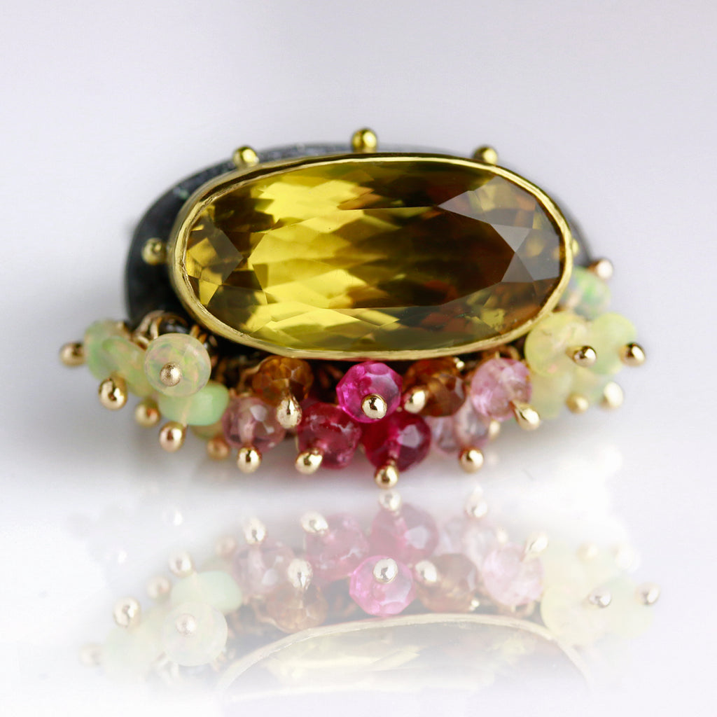 Beer Quartz with Opal and Pink Tourmaline Fringe Ring. Size 7 1/4. - Wendy Stauffer of Fuss Jewelry