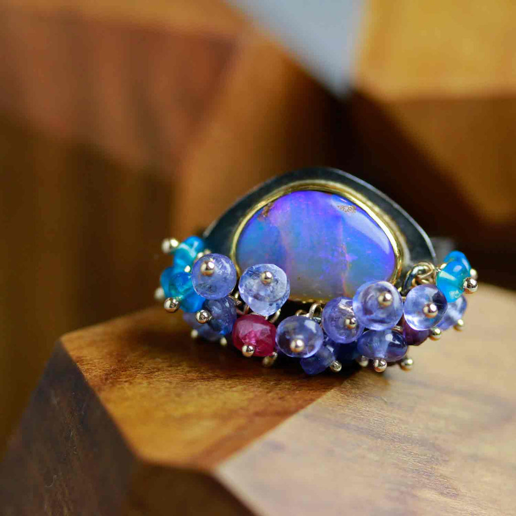 Queensland Pipe Opal with Undersea Ridges and Tanzanite Fringe. Ring Size 8 1/2. - Wendy Stauffer of Fuss Jewelry