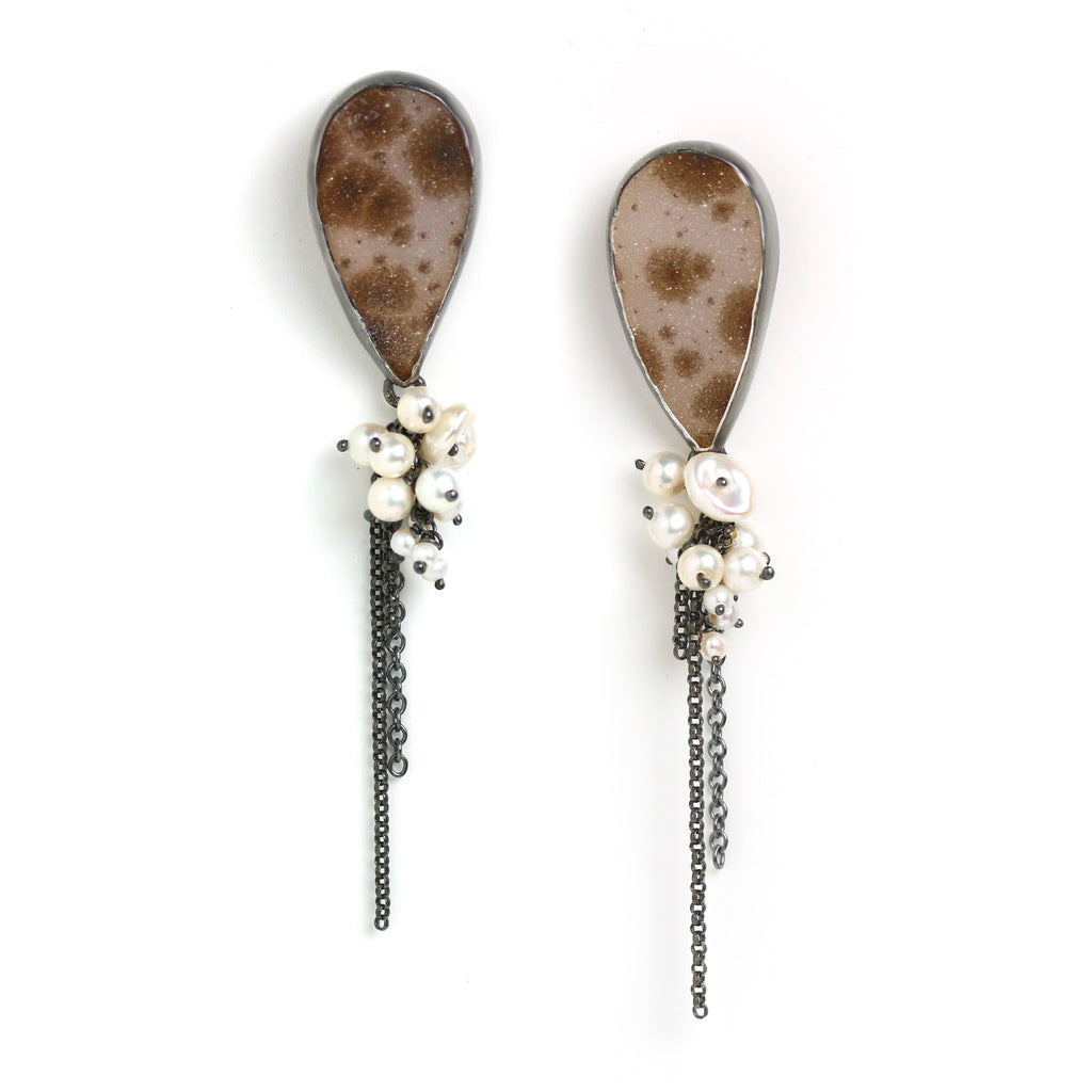 Druzy Agate Post Earrings with Trailing Pearls and Wispy Chains - Wendy Stauffer