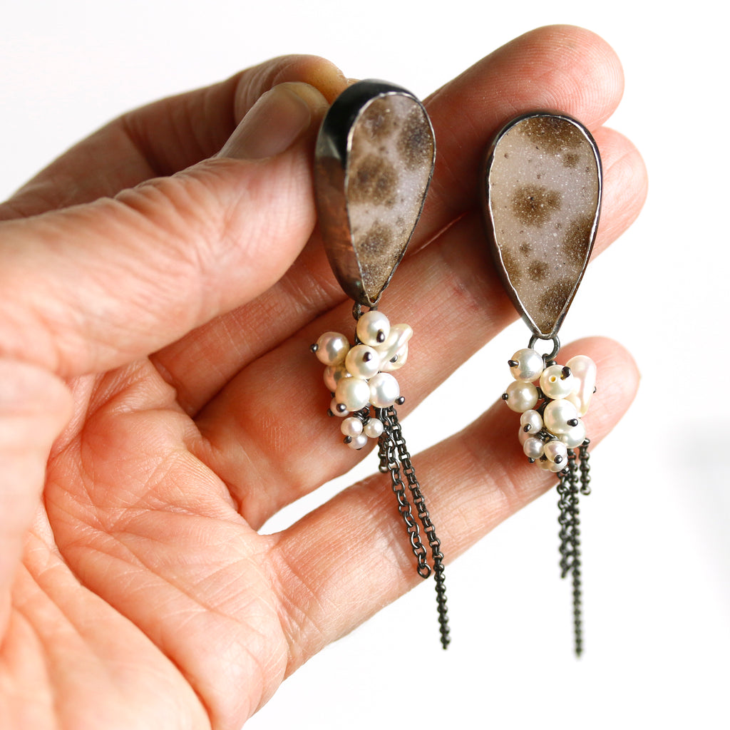 Druzy Agate Post Earrings with Trailing Pearls and Wispy Chains - Wendy Stauffer