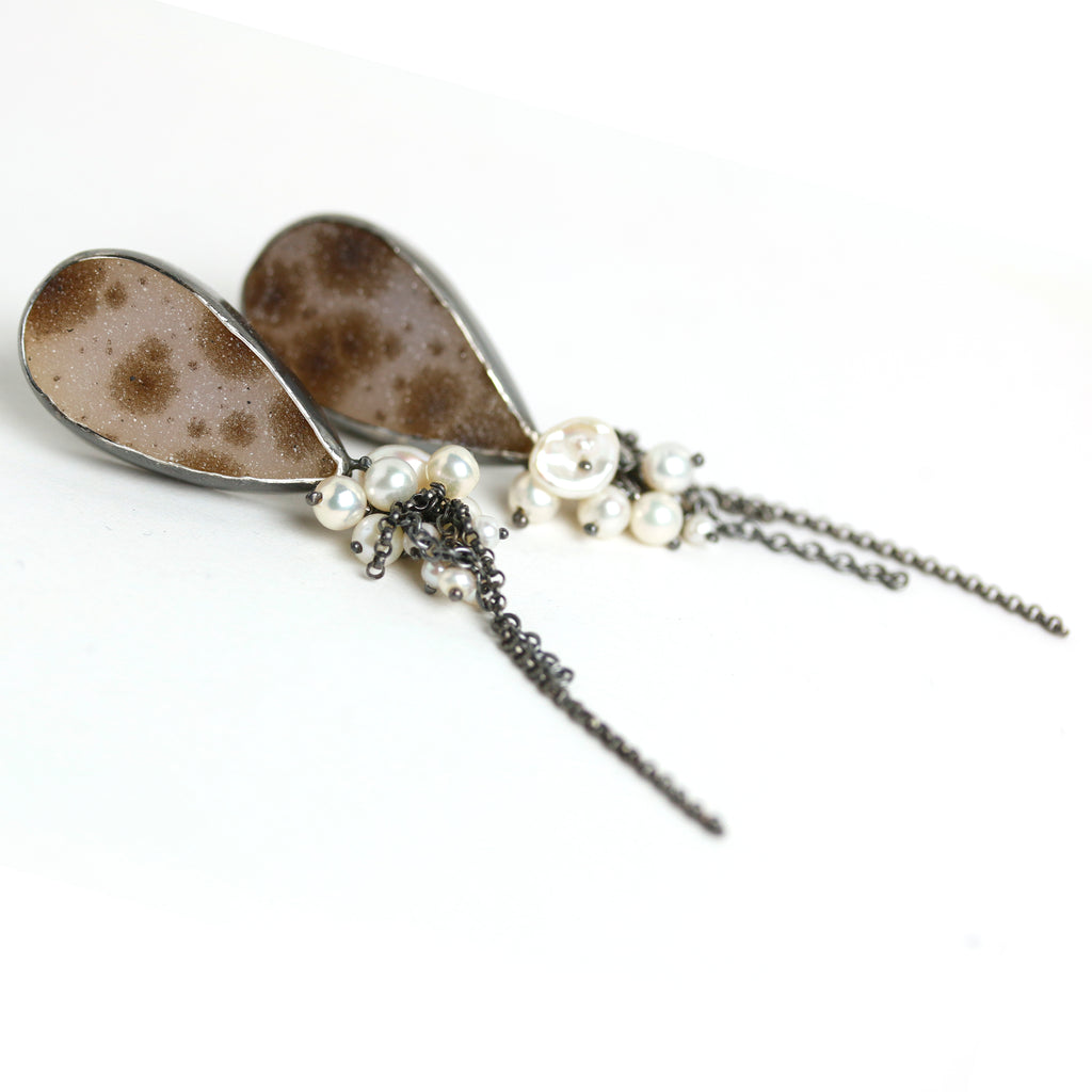 Druzy Agate Post Earrings with Trailing Pearls and Wispy Chains - Wendy Stauffer