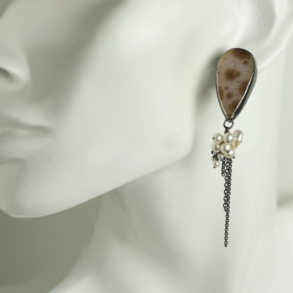 Druzy Agate Post Earrings with Trailing Pearls and Wispy Chains - Wendy Stauffer