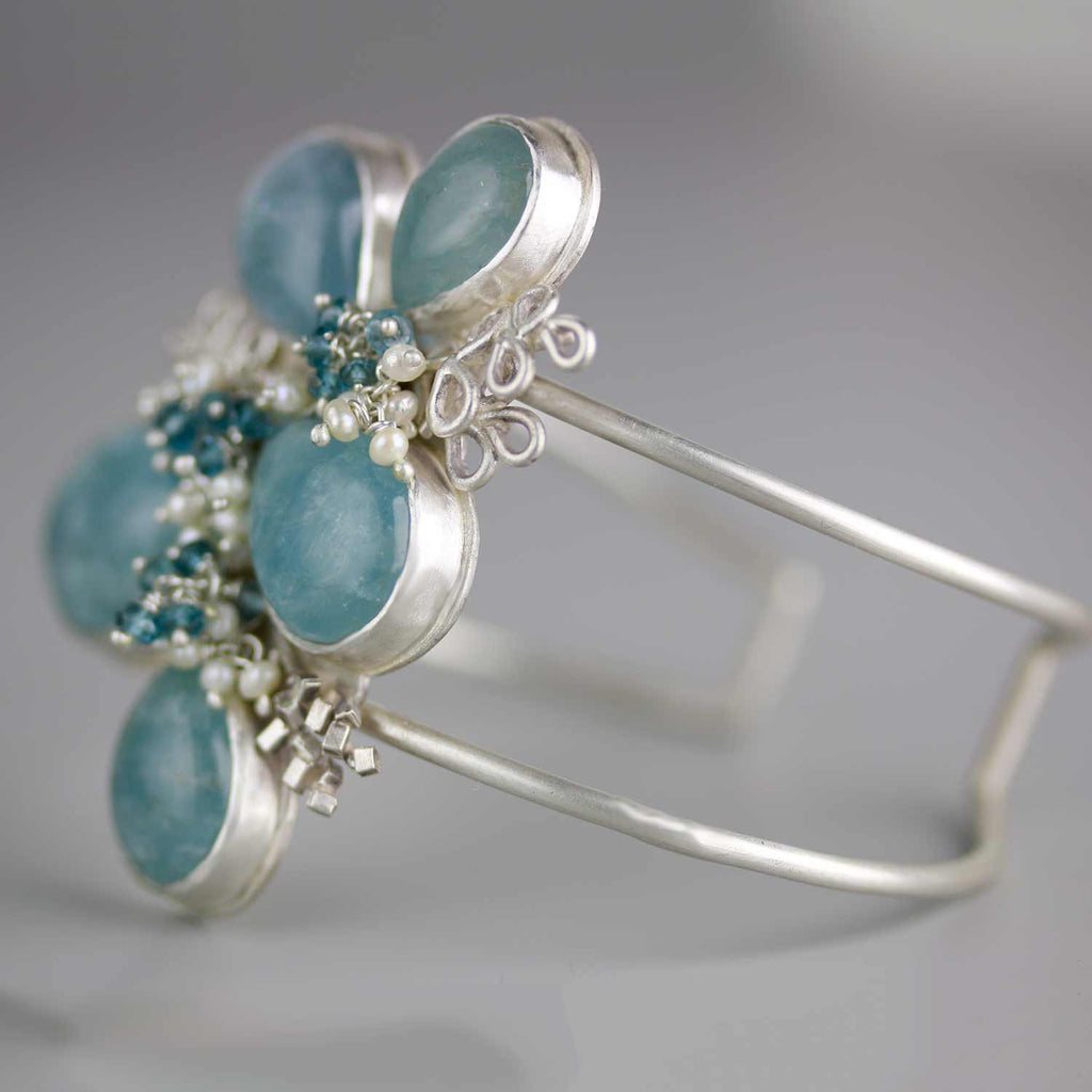 SOLD  Climbing Aquamarines Cuff with London Blue Topaz and Pearls - Wendy Stauffer of Fuss Jewelry