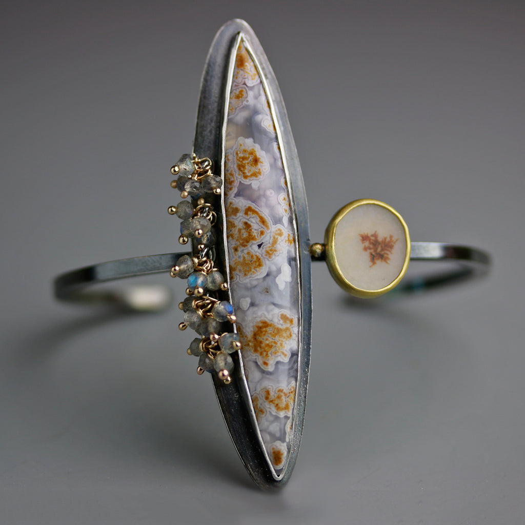 Calico Agate and Dendrites Cuff. 22k, 14k Gold and Oxidized Silver. - Wendy Stauffer of Fuss Jewelry