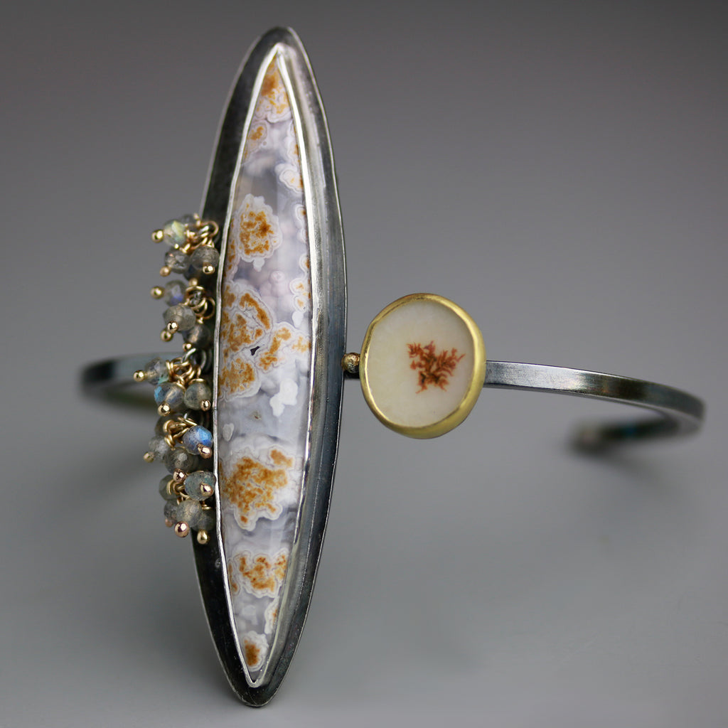 Calico Agate and Dendrites Cuff. 22k, 14k Gold and Oxidized Silver. - Wendy Stauffer of Fuss Jewelry