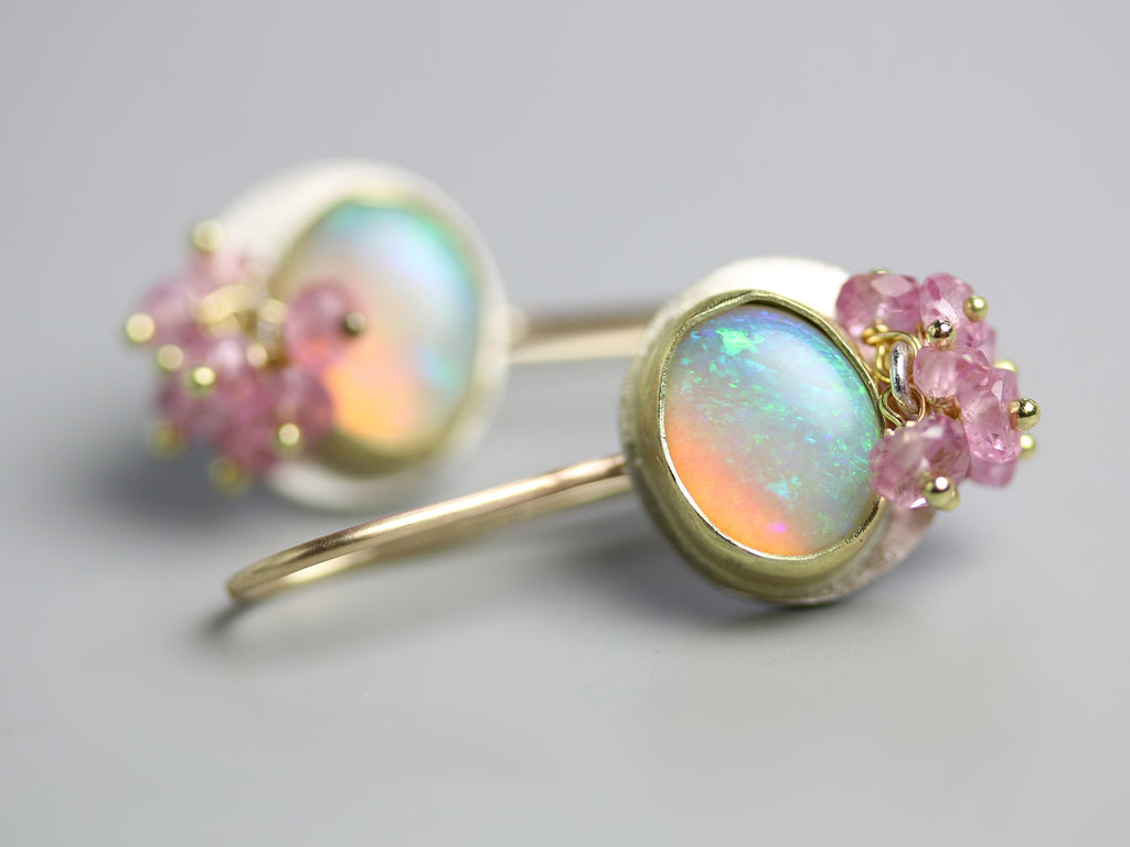 Sold - Opal and Pink Sapphire Earrings 18k Gold and Silver - Wendy Stauffer of Fuss Jewelry
