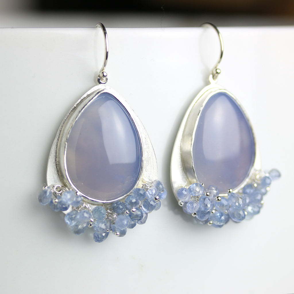 SOLD Bold Chalcedony Silver Dangle Earrings with Blue Sapphire Fringe - Wendy Stauffer of Fuss Jewelry