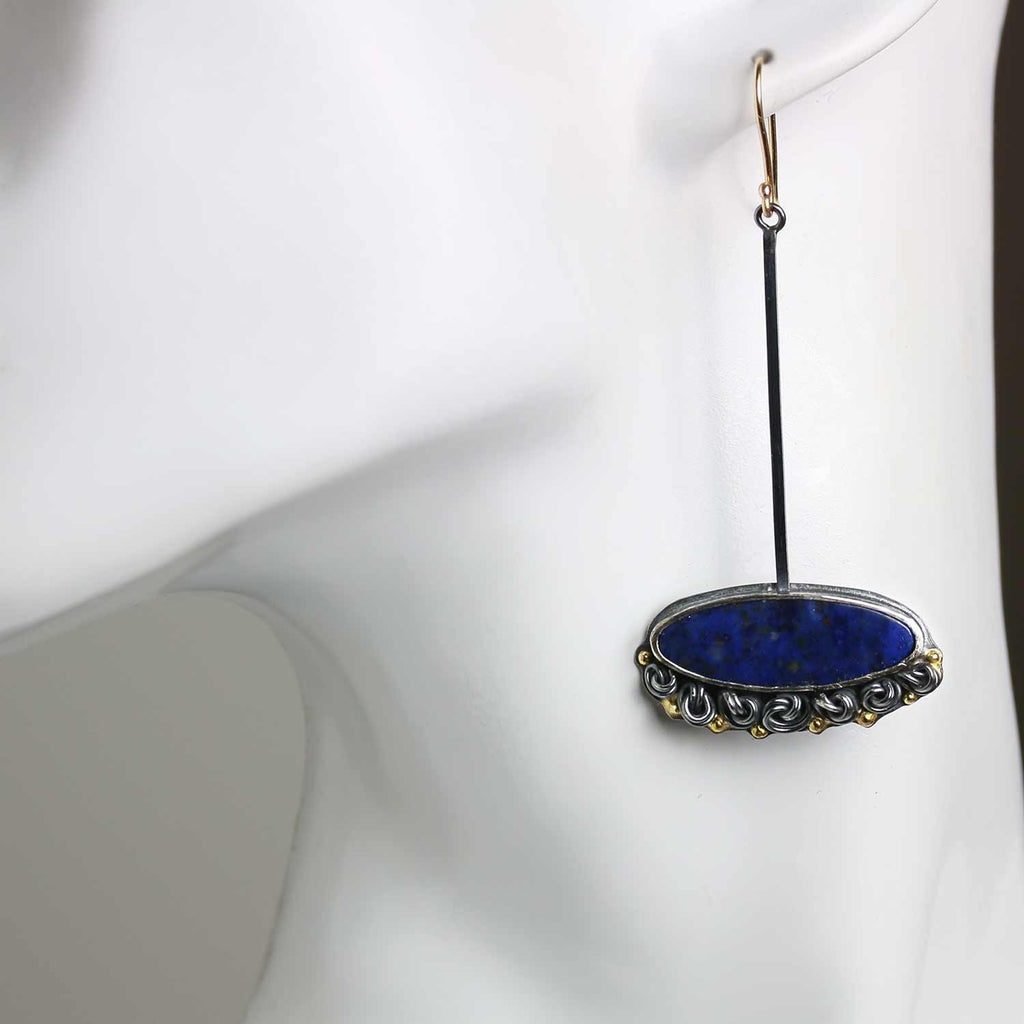 Sold - Lapis Swingers with French Knots and Gold Dots - Wendy Stauffer of Fuss Jewelry