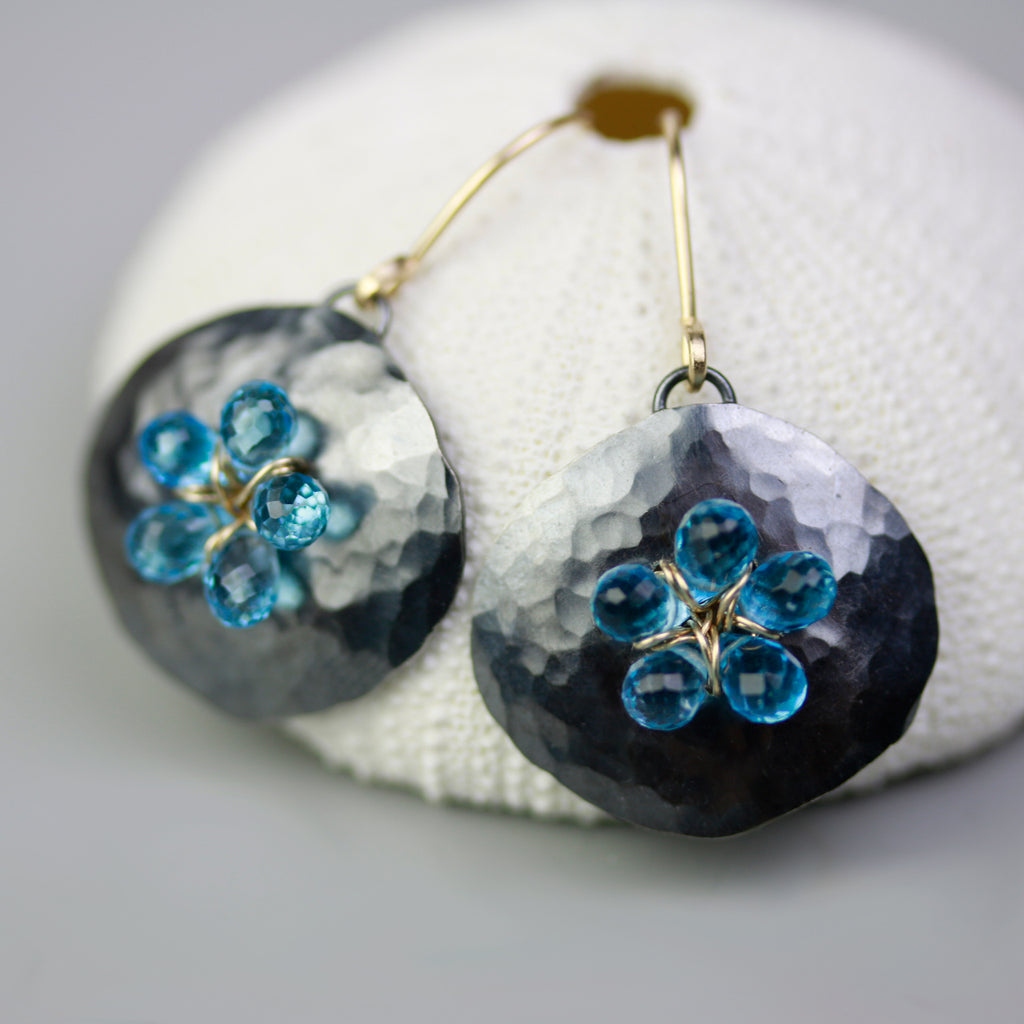 Swiss Blue Topaz Flower on Textured Pebble Earrings - Wendy Stauffer of Fuss Jewelry