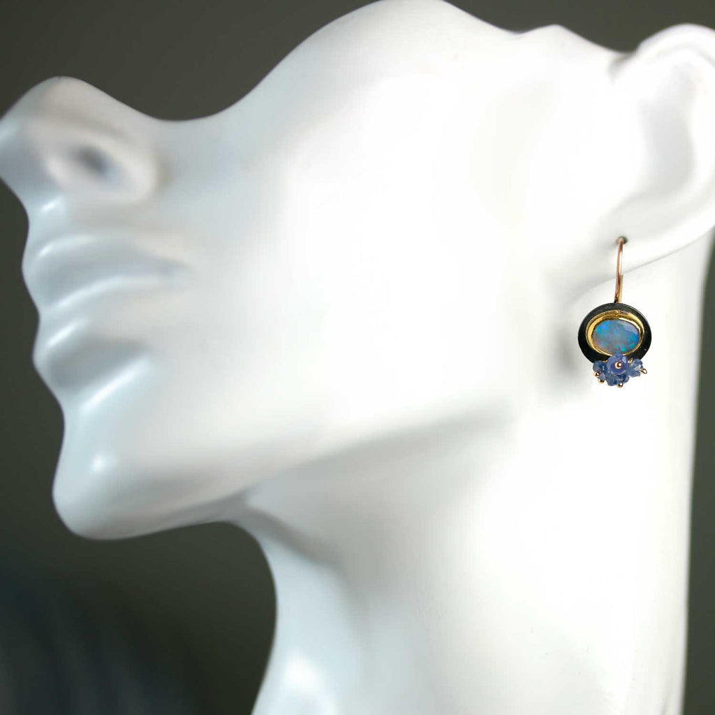 Solid Australian Opal Dangles with Tanzanite Clusters. Blue Opal. - Wendy Stauffer of Fuss Jewelry