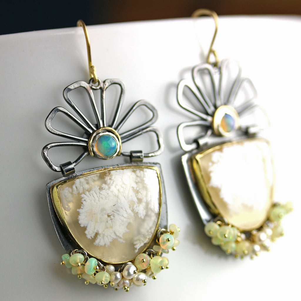 SOLD - Flower Topped White Plume Agate Earrings - Wendy Stauffer of Fuss Jewelry