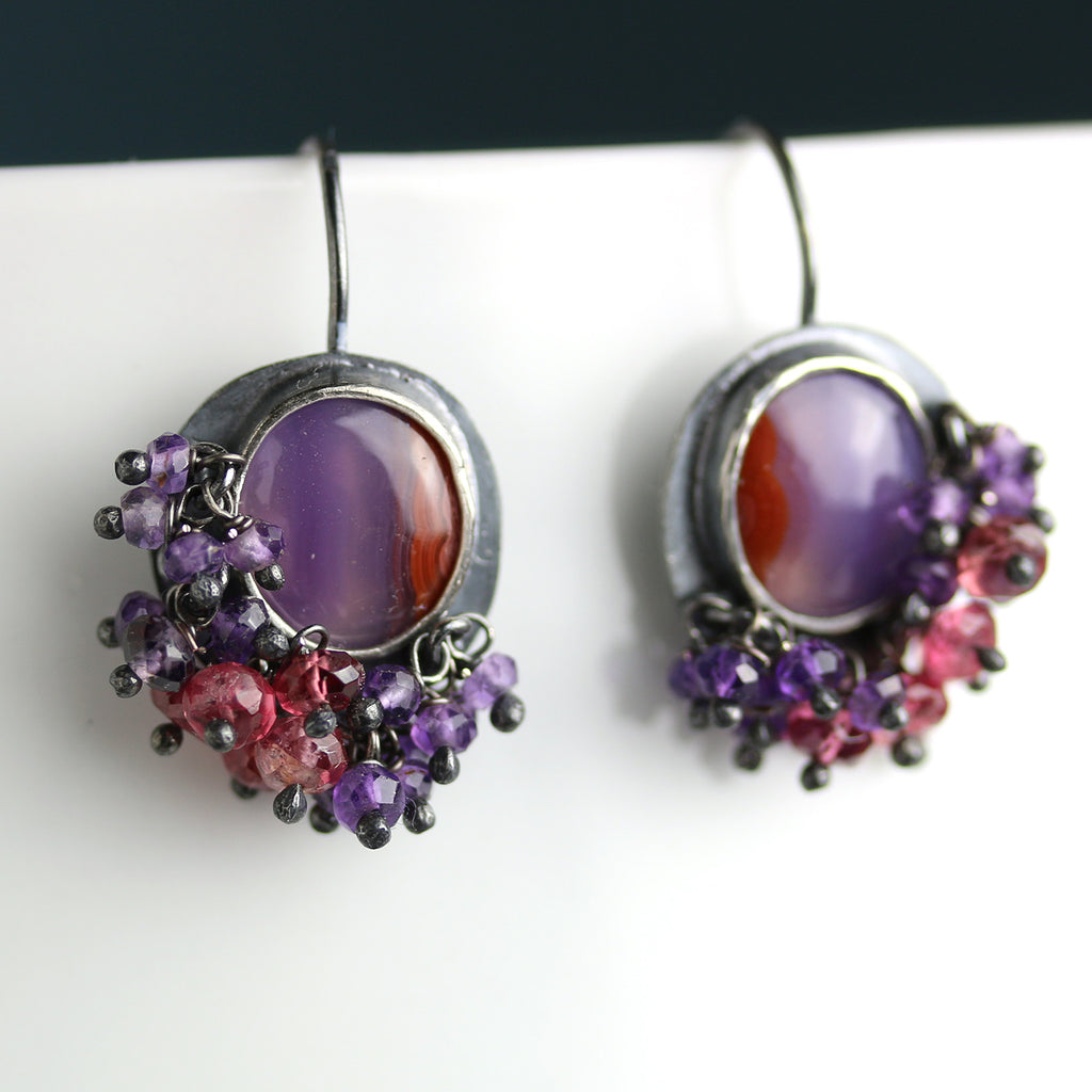 SOLD  Laguna Agates with Amethyst and Red Spinel Fringe Earrings - Wendy Stauffer of Fuss Jewelry