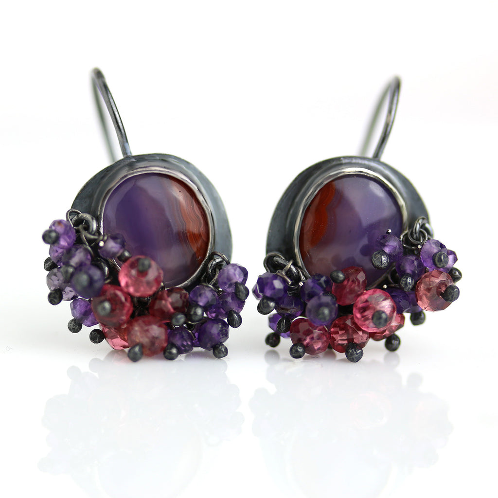 SOLD  Laguna Agates with Amethyst and Red Spinel Fringe Earrings - Wendy Stauffer of Fuss Jewelry