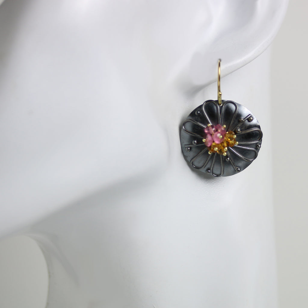Midnight Daisy Earrings with Pink Tourmaline and Spessartite Garnet Clusters - Wendy Stauffer of Fuss Jewelry