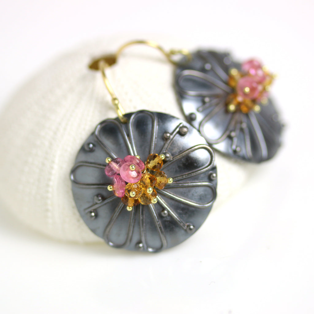 Midnight Daisy Earrings with Pink Tourmaline and Spessartite Garnet Clusters - Wendy Stauffer of Fuss Jewelry