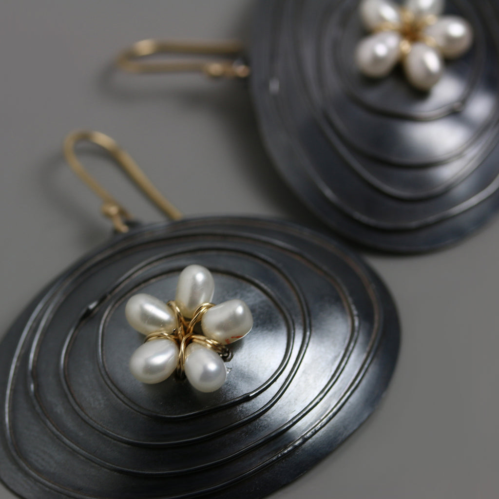 Midnight Ovals with Pearl Flower Earrings - Wendy Stauffer of Fuss Jewelry