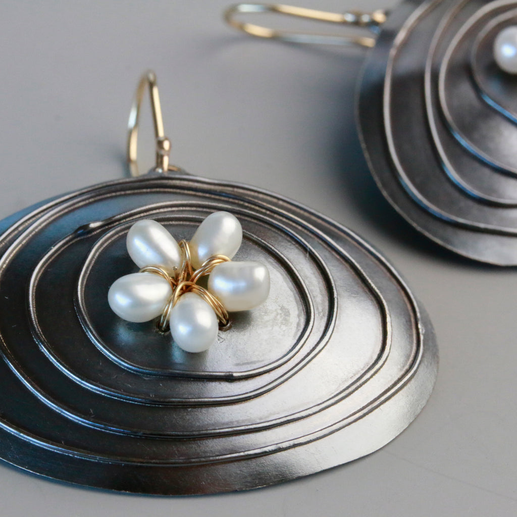 Midnight Ovals with Pearl Flower Earrings - Wendy Stauffer of Fuss Jewelry