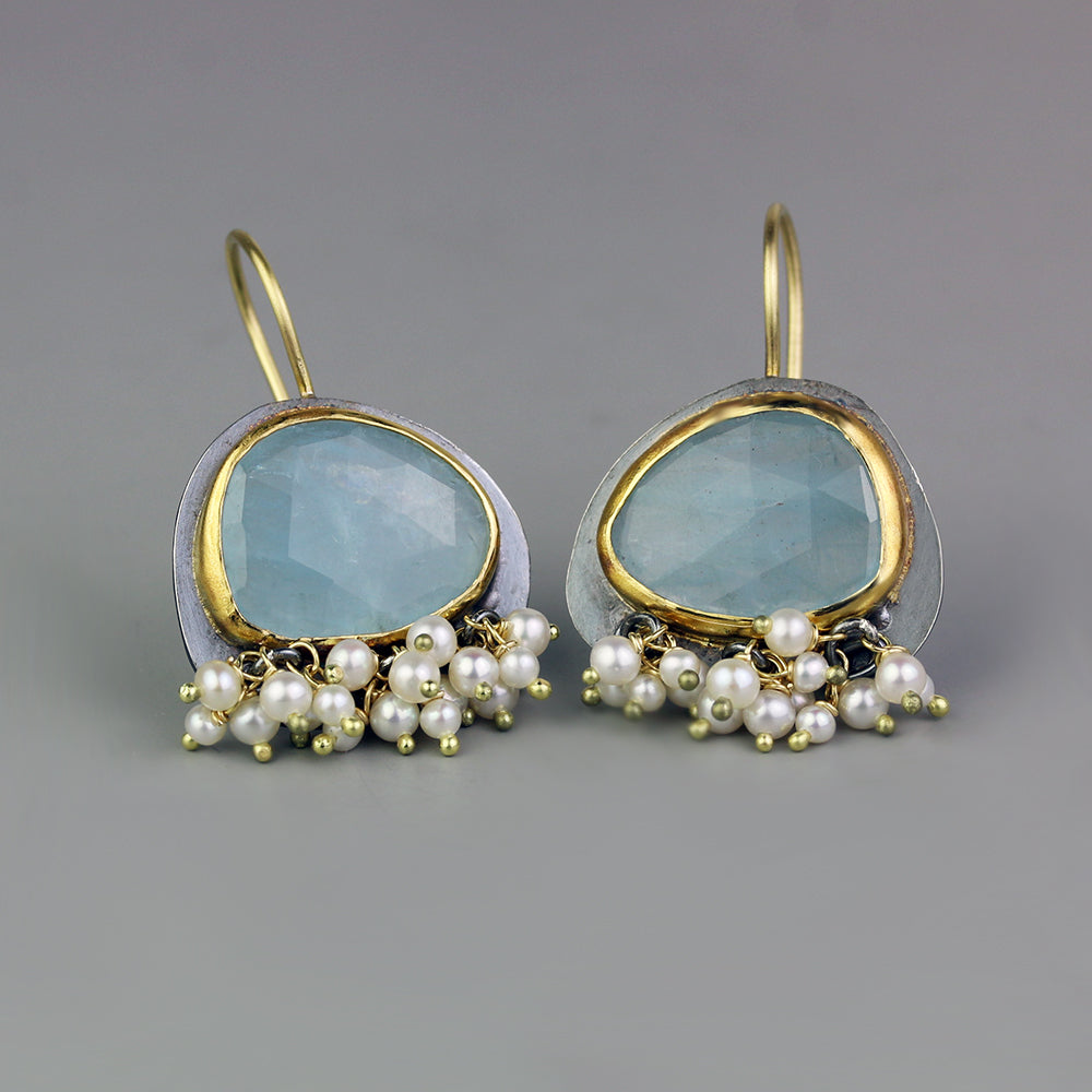 Aquamarine Dangles with Freshwater Pearl Clusters - Wendy Stauffer of Fuss Jewelry