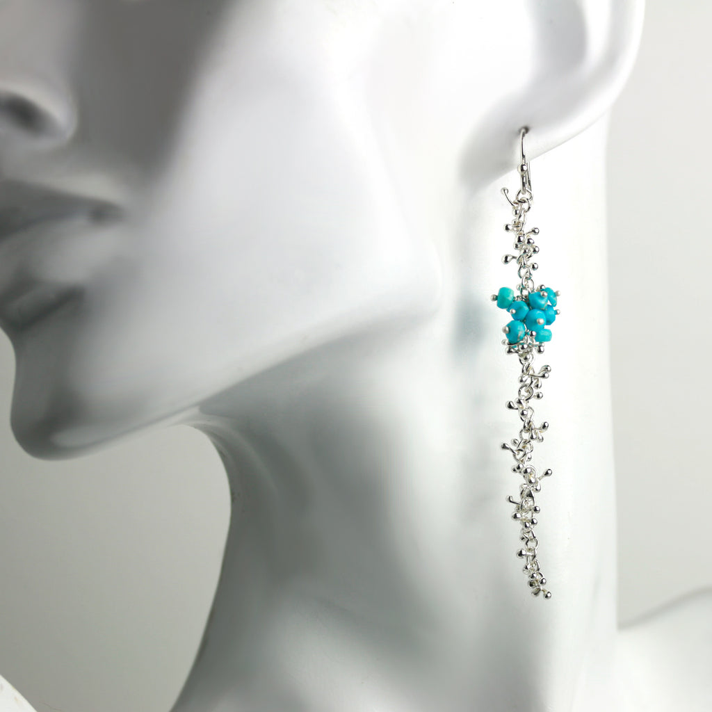 Slender Sprout Chain Earrings with Turquoise Clusters - Wendy Stauffer of Fuss Jewelry