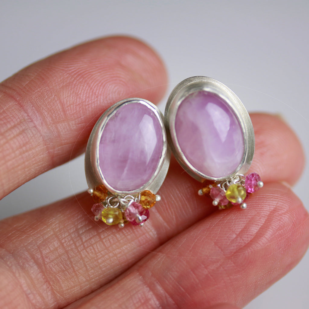 Kunzite Post Earrings with Sapphire Cluster - Wendy Stauffer of Fuss Jewelry