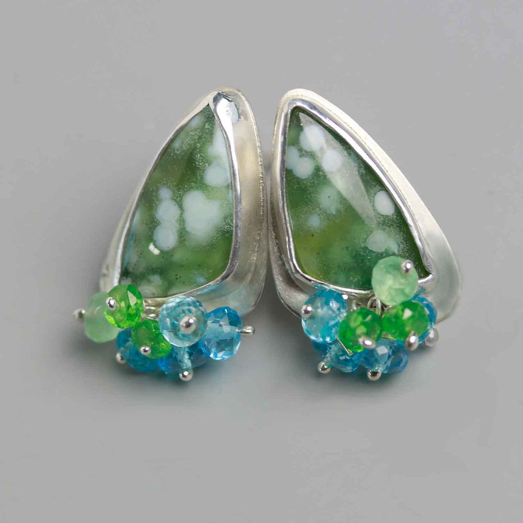 Ocean Jasper Post Earrings with Swiss Blue Topaz Fringe - Wendy Stauffer of Fuss Jewelry