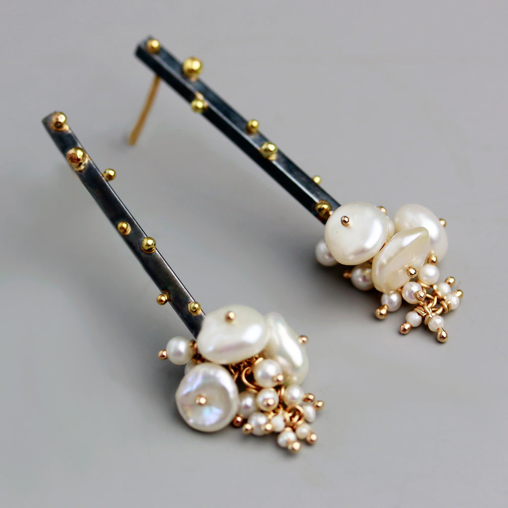 Gold Dotted Sticks with Pearl Clusters, Short - Wendy Stauffer of Fuss Jewelry