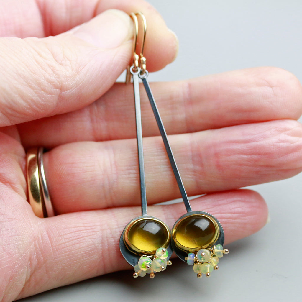 Long Honey Quartz Dangles with Opal Clusters Earrings - Wendy Stauffer of Fuss Jewelry