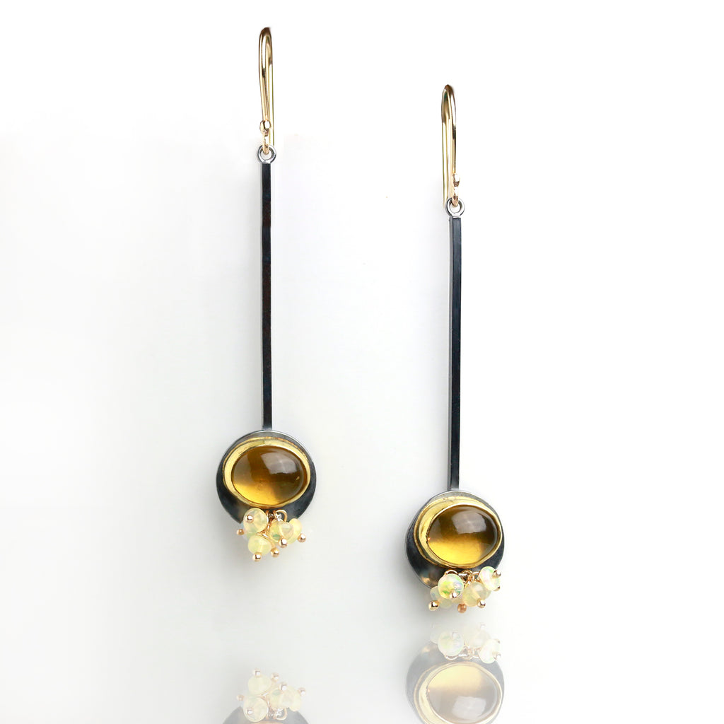 Long Honey Quartz Dangles with Opal Clusters Earrings - Wendy Stauffer of Fuss Jewelry