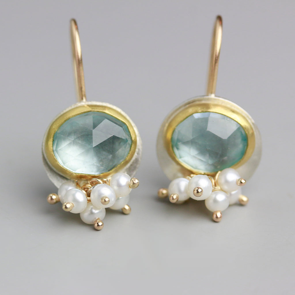 Sky Blue Topaz Earrings with Pearl Fringe - Wendy Stauffer of Fuss Jewelry