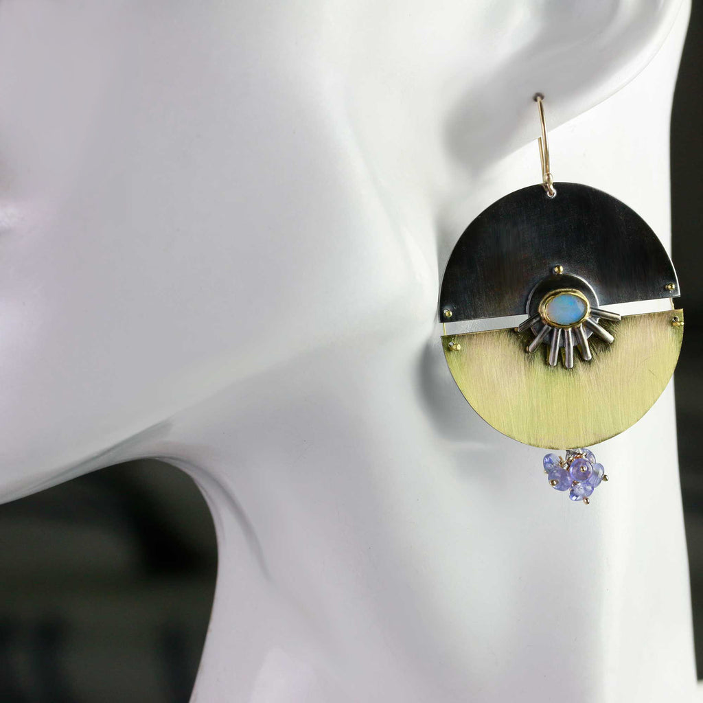 Australian Opal Split Disc Earrings with Tanzanite Clusters - Wendy Stauffer of Fuss Jewelry