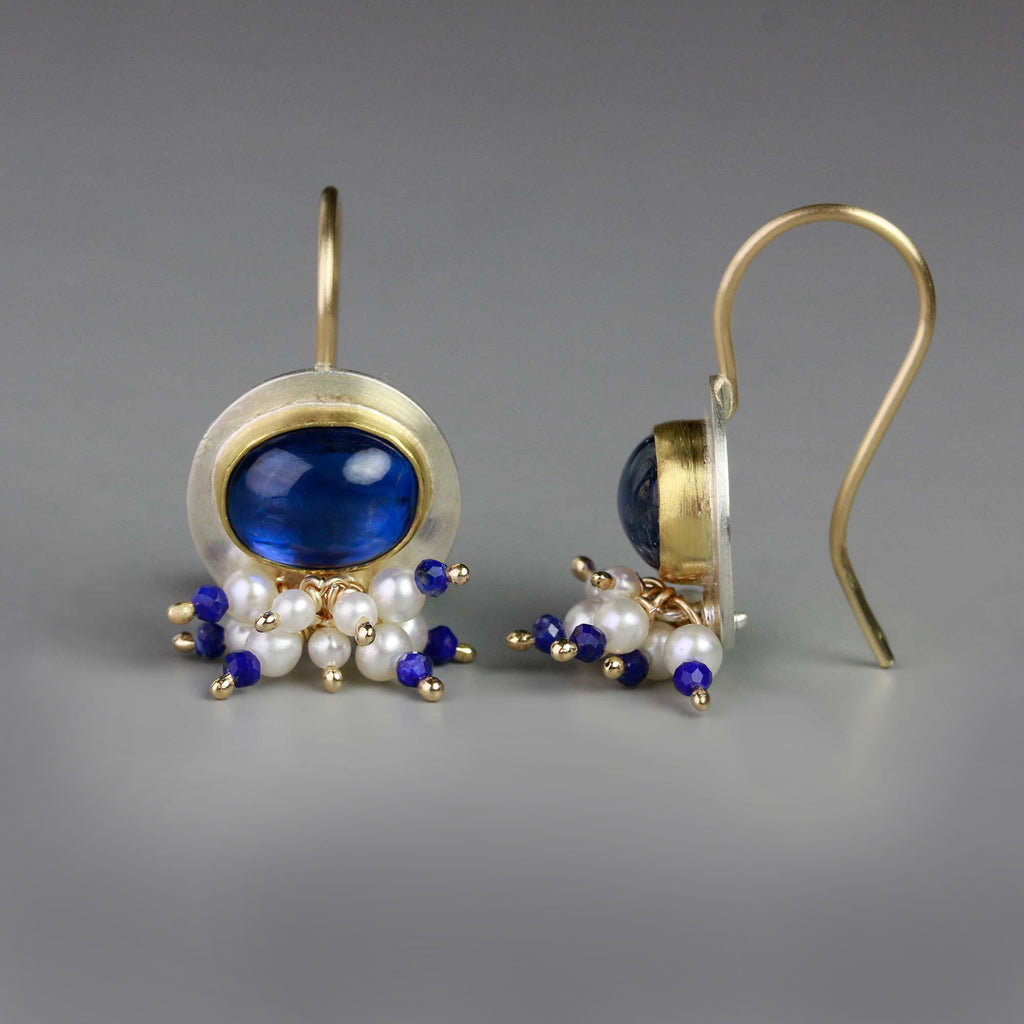Kyanite Dangle Earrings with Pearl and Lapis Spray - Wendy Stauffer of Fuss Jewelry