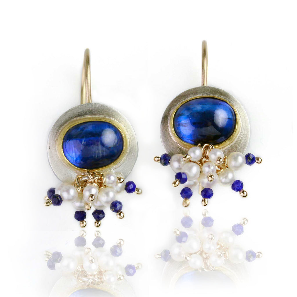 Kyanite Dangle Earrings with Pearl and Lapis Spray - Wendy Stauffer of Fuss Jewelry