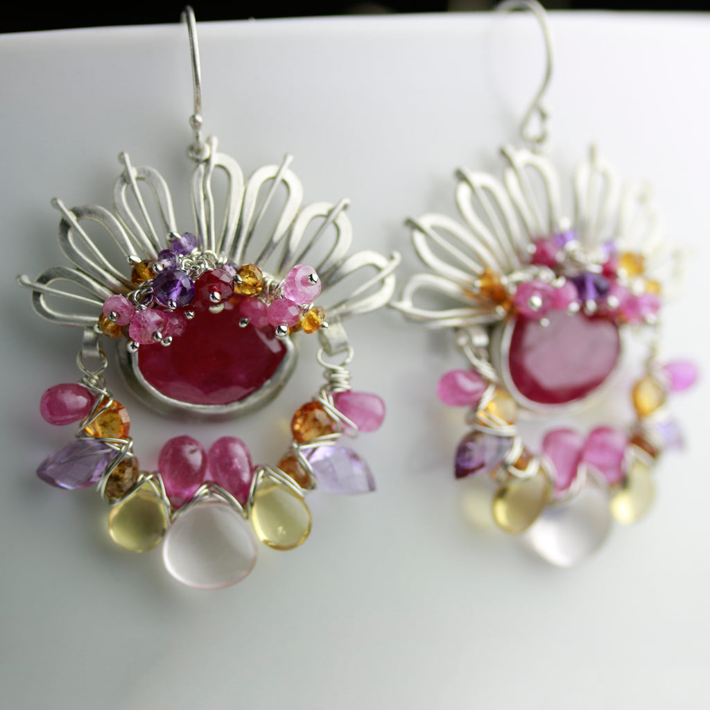 SOLD  Pink Sapphire Gem Weave Spring Bouquet Earrings - Wendy Stauffer of Fuss Jewelry