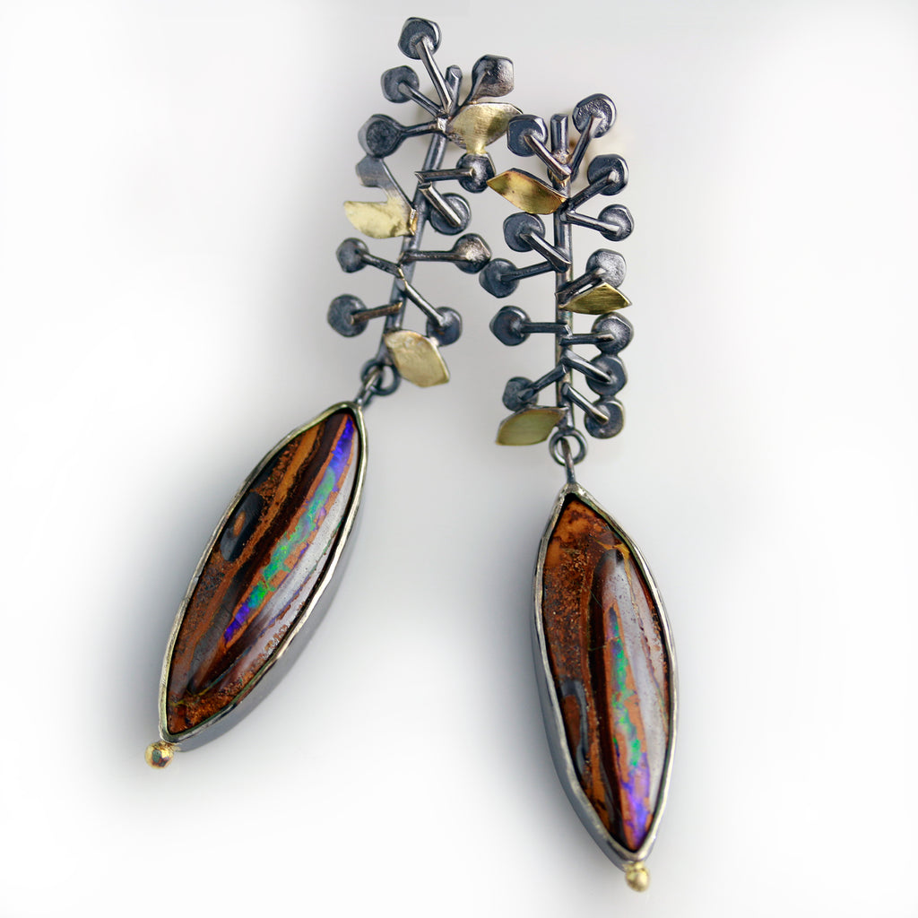 SOLD  Vine Topped Boulder Opal Earrings - Wendy Stauffer of Fuss Jewelry