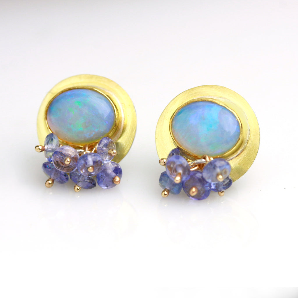 Australian Opal Gold Studs with Tanzanite Fringe - Wendy Stauffer of Fuss Jewelry