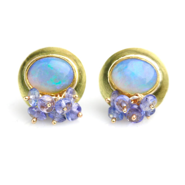 Australian Opal Gold Studs with Tanzanite Fringe - Wendy Stauffer of Fuss Jewelry