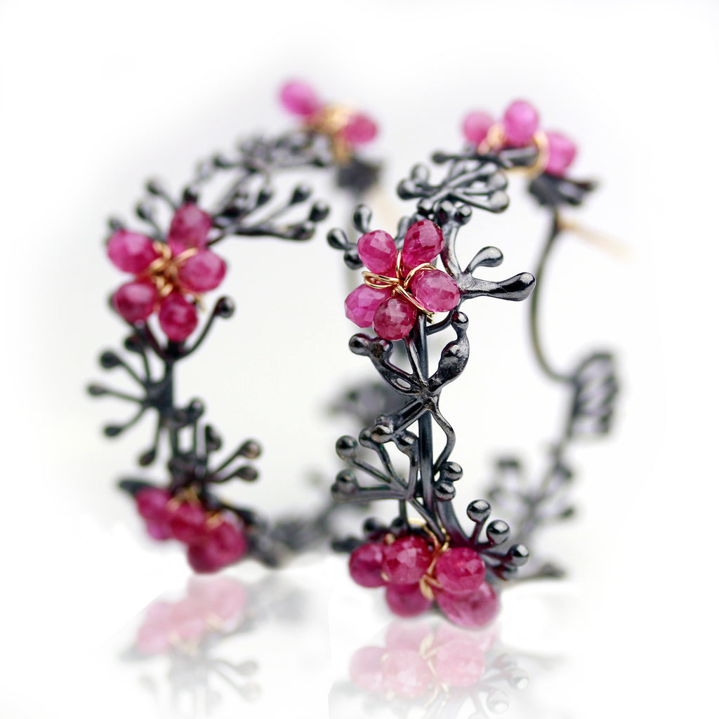 Midnight Vine Hoop with Pink Sapphire Flowers - Wendy Stauffer of Fuss Jewelry