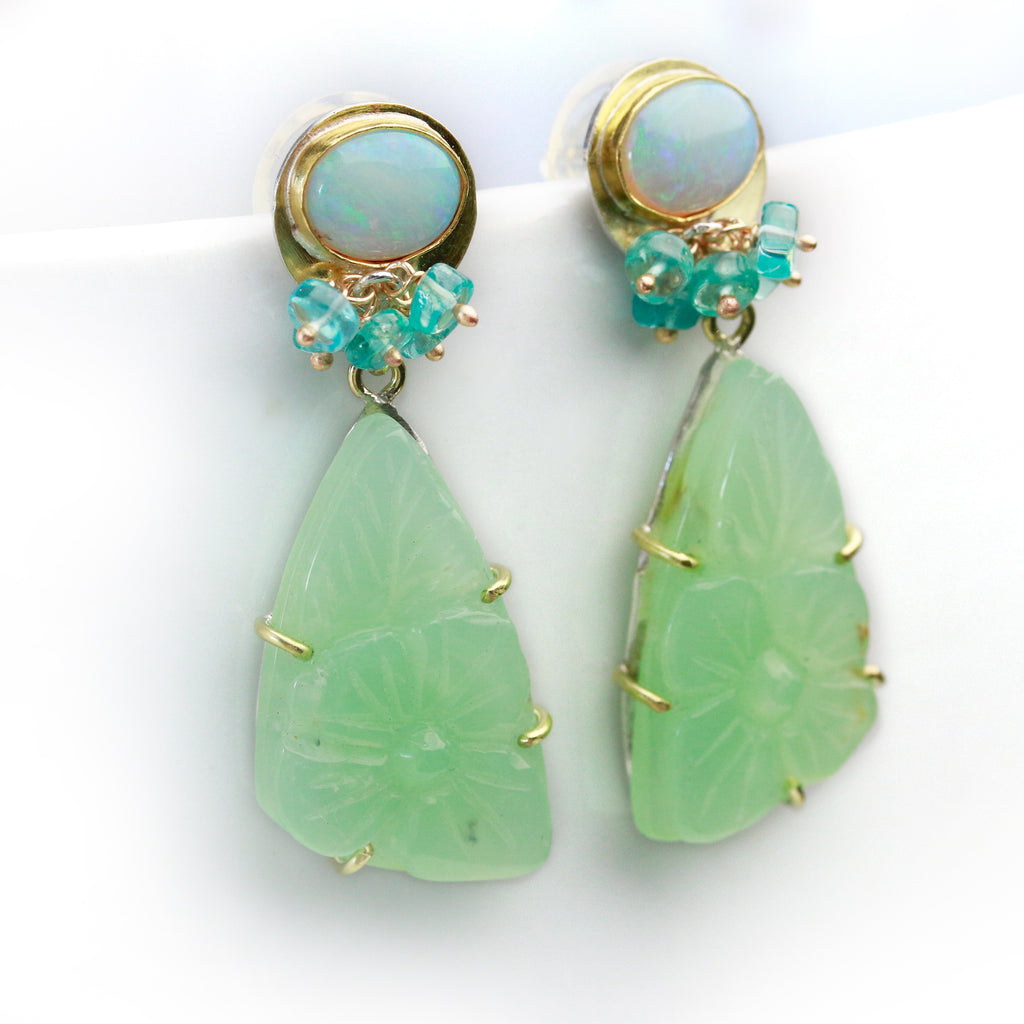 Sold! Australian Opal Post Earrings with Carved Chrysoprase Dangles - Wendy Stauffer of Fuss Jewelry
