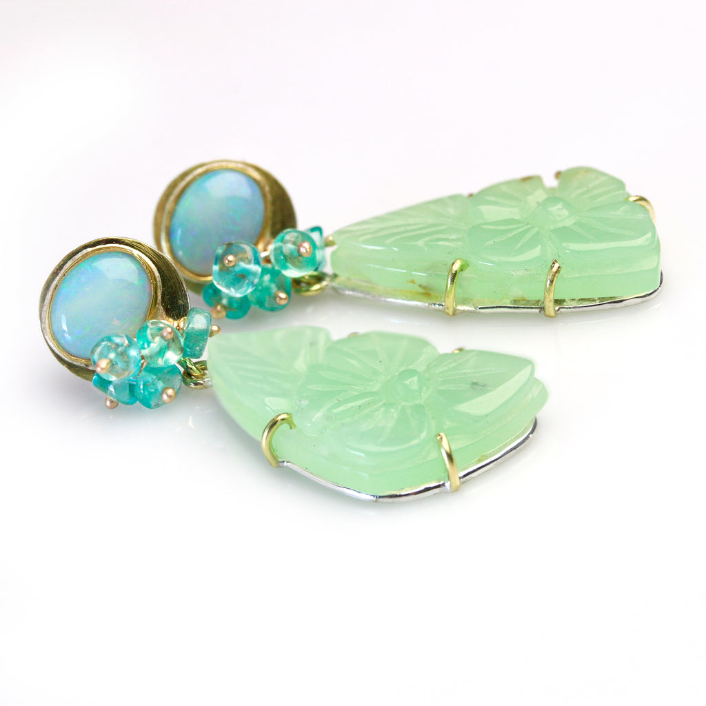 Sold! Australian Opal Post Earrings with Carved Chrysoprase Dangles - Wendy Stauffer of Fuss Jewelry