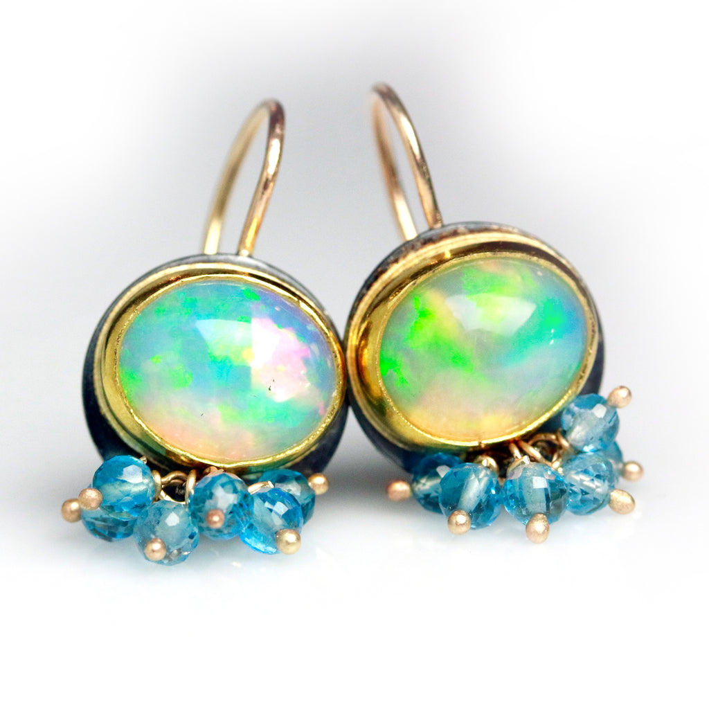 Welo Opal Dangles with Swiss Blue Topaz Clusters - Wendy Stauffer of Fuss Jewelry