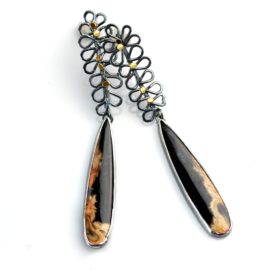 SOLD Long Fossilized Palm Root and Climbing Vine Earrings - Wendy Stauffer of Fuss Jewelry