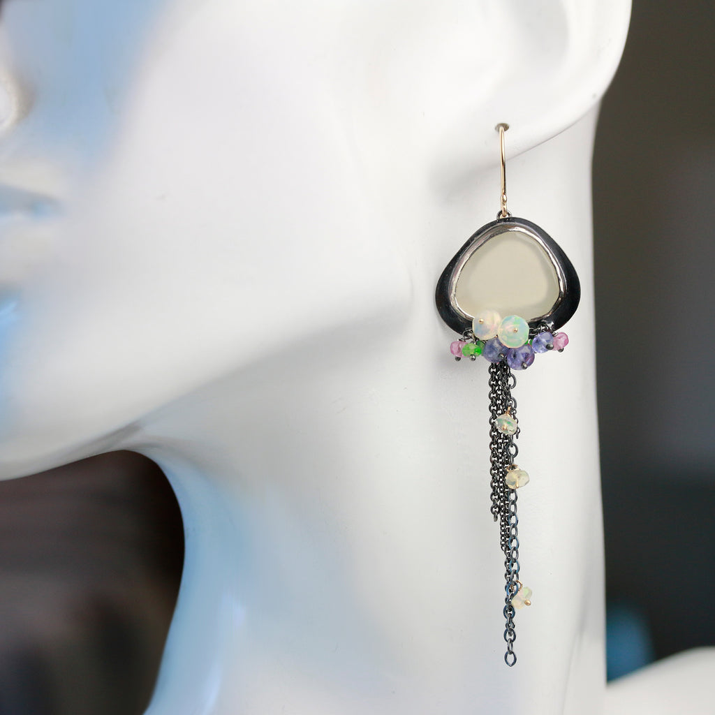 SOLD!  Faceted White Moonstone Dangles with Welo Opal, Pink Sapphire and Tanzanite - Wendy Stauffer of Fuss Jewelry