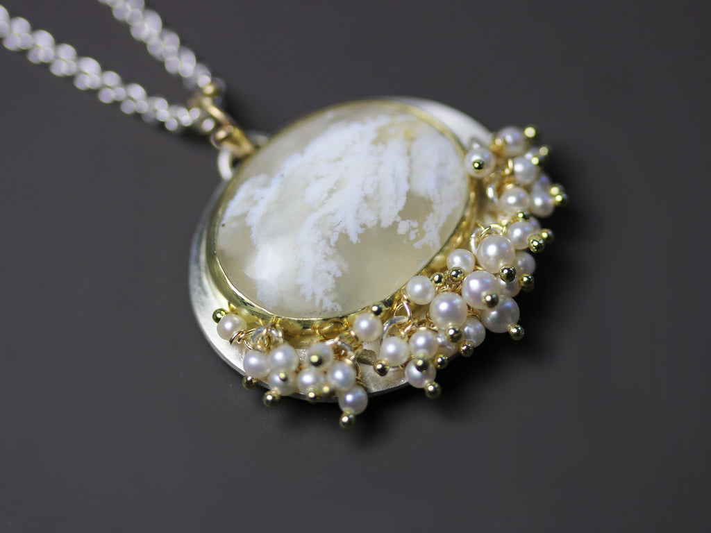 White Plume Agate Necklace. 18k Gold and Silver with Pearl Fringe. - Wendy Stauffer of Fuss Jewelry