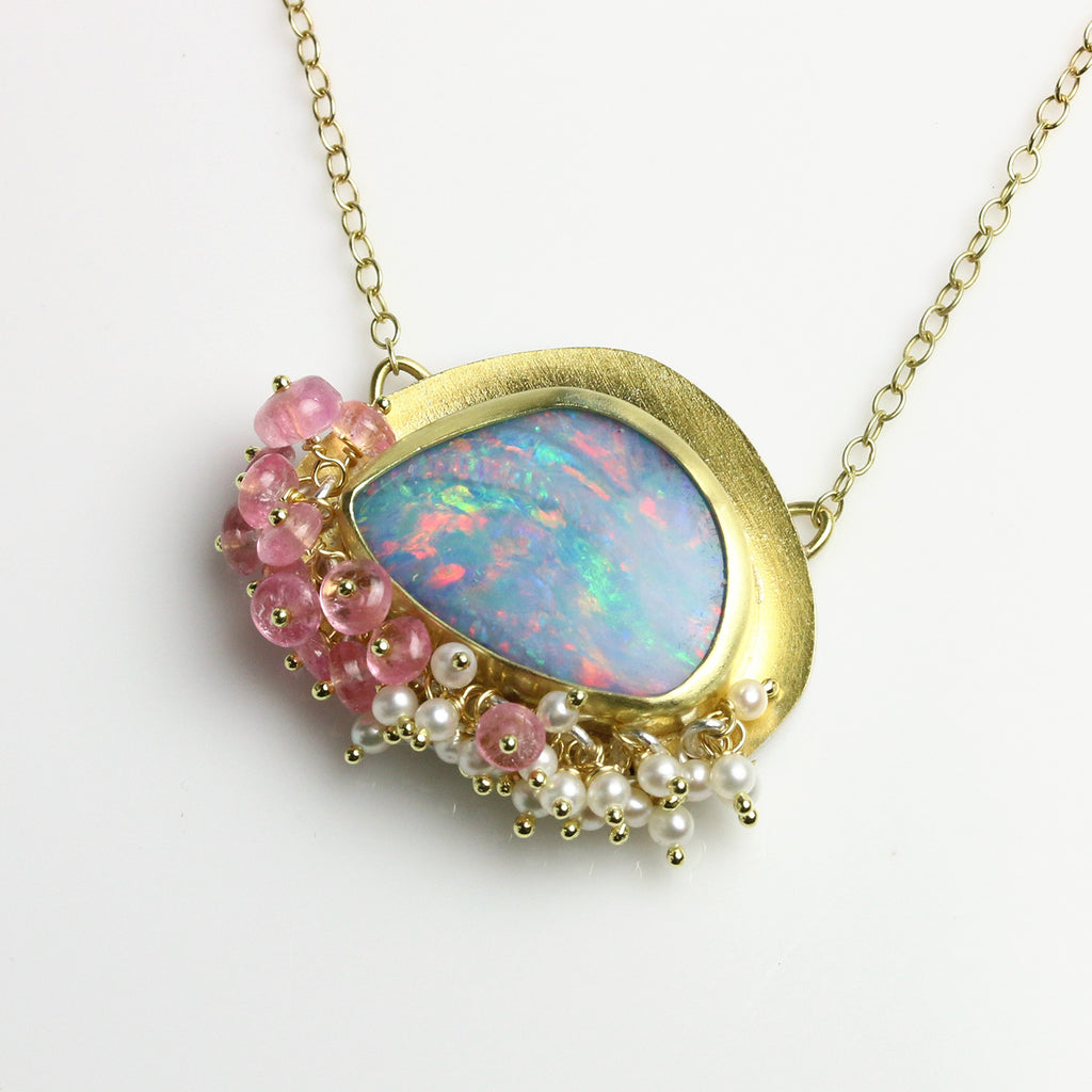Sold - Opal Pendant with Pink Tourmaline and Pearl Fringe - Wendy Stauffer of Fuss Jewelry
